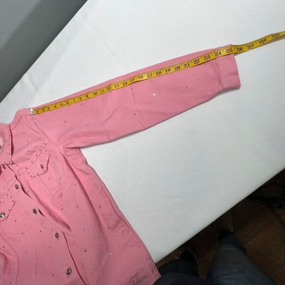 Quacker Factory Womens Denim Jacket Size L Pink Button Up Rhinestone Bling Y2K - Picture 11 of 16